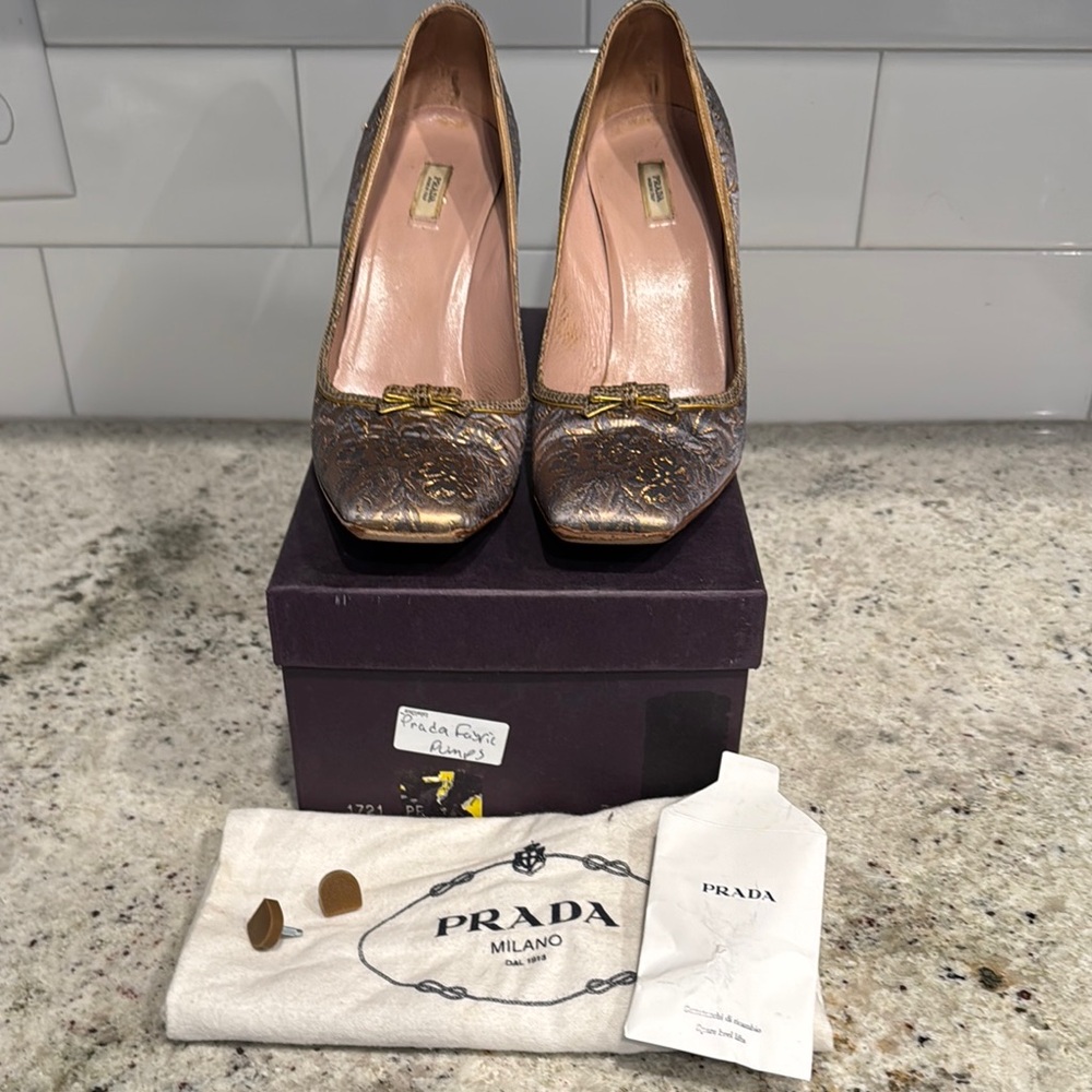 Prada Gold Heels with Decorative Buckle